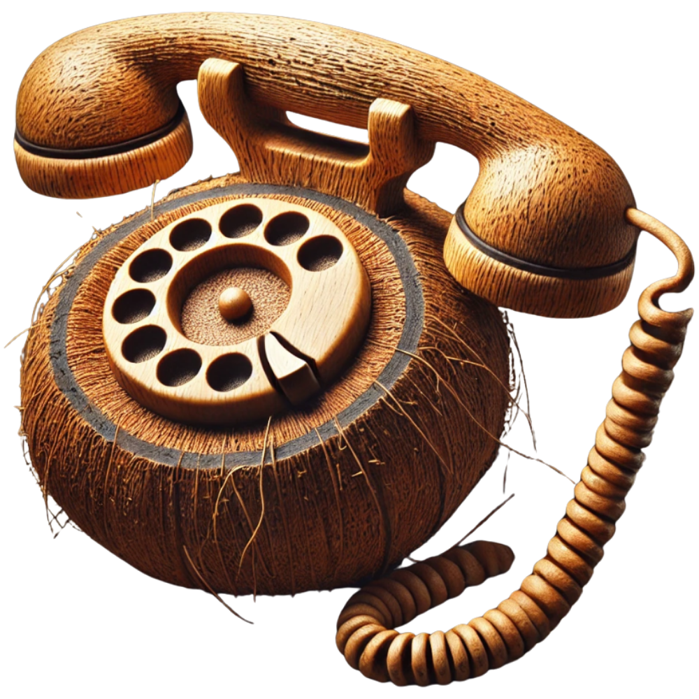 A rotary telephone carved from a coconut shell