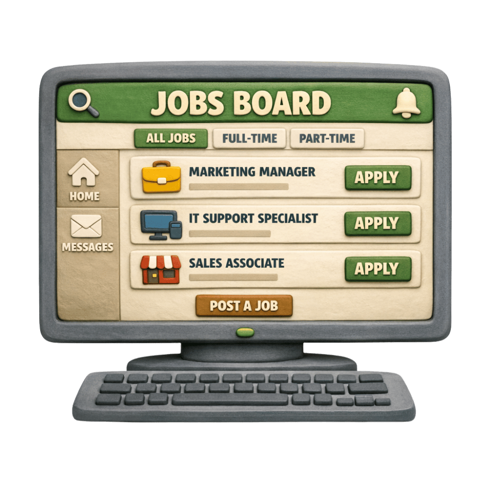 Illustrated jobs board on a monitor